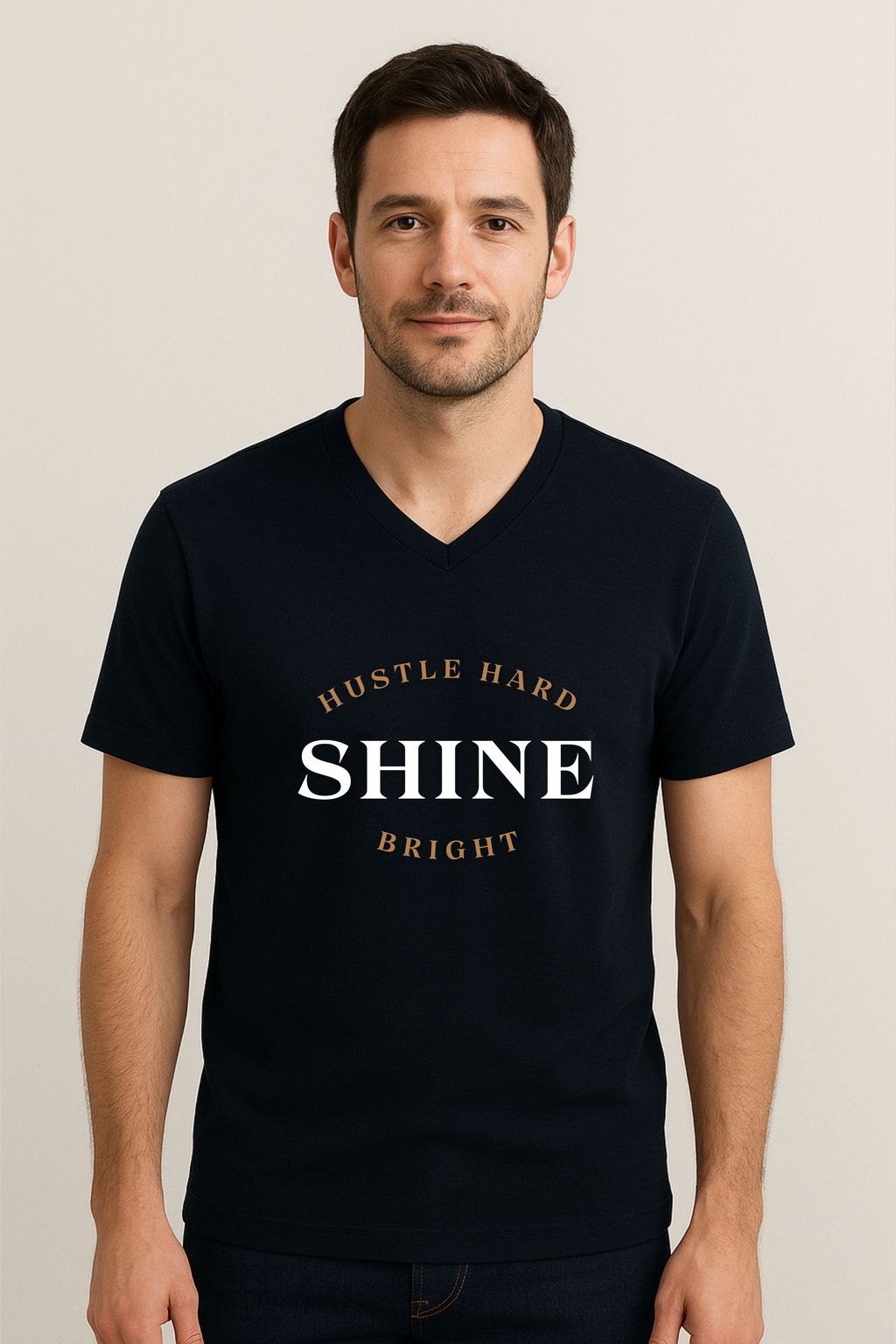 Printed V Neck T-Shirt Navy