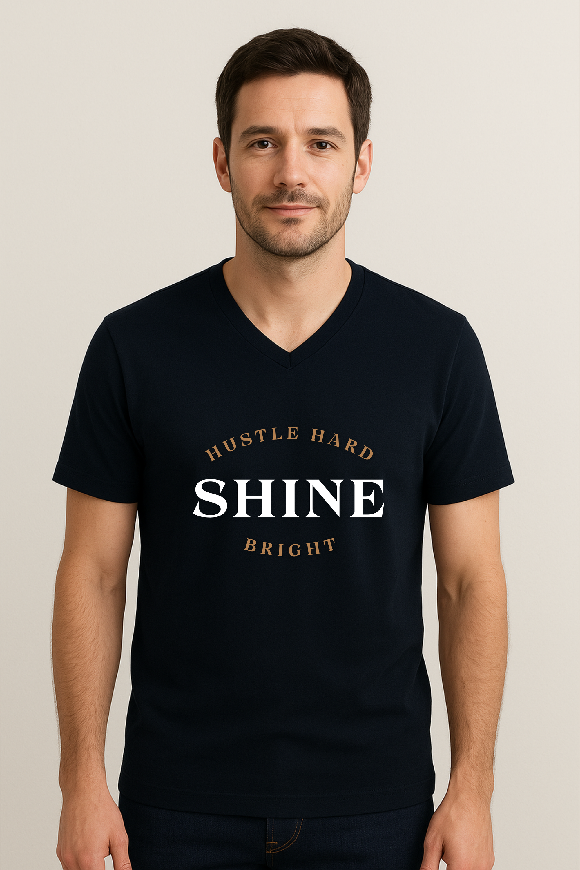 Printed V Neck T-Shirt Navy